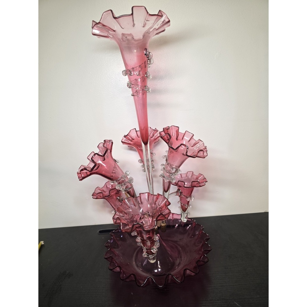 Antique Victorian Cranberry Glass Flute Epergne Centerpiece Vase